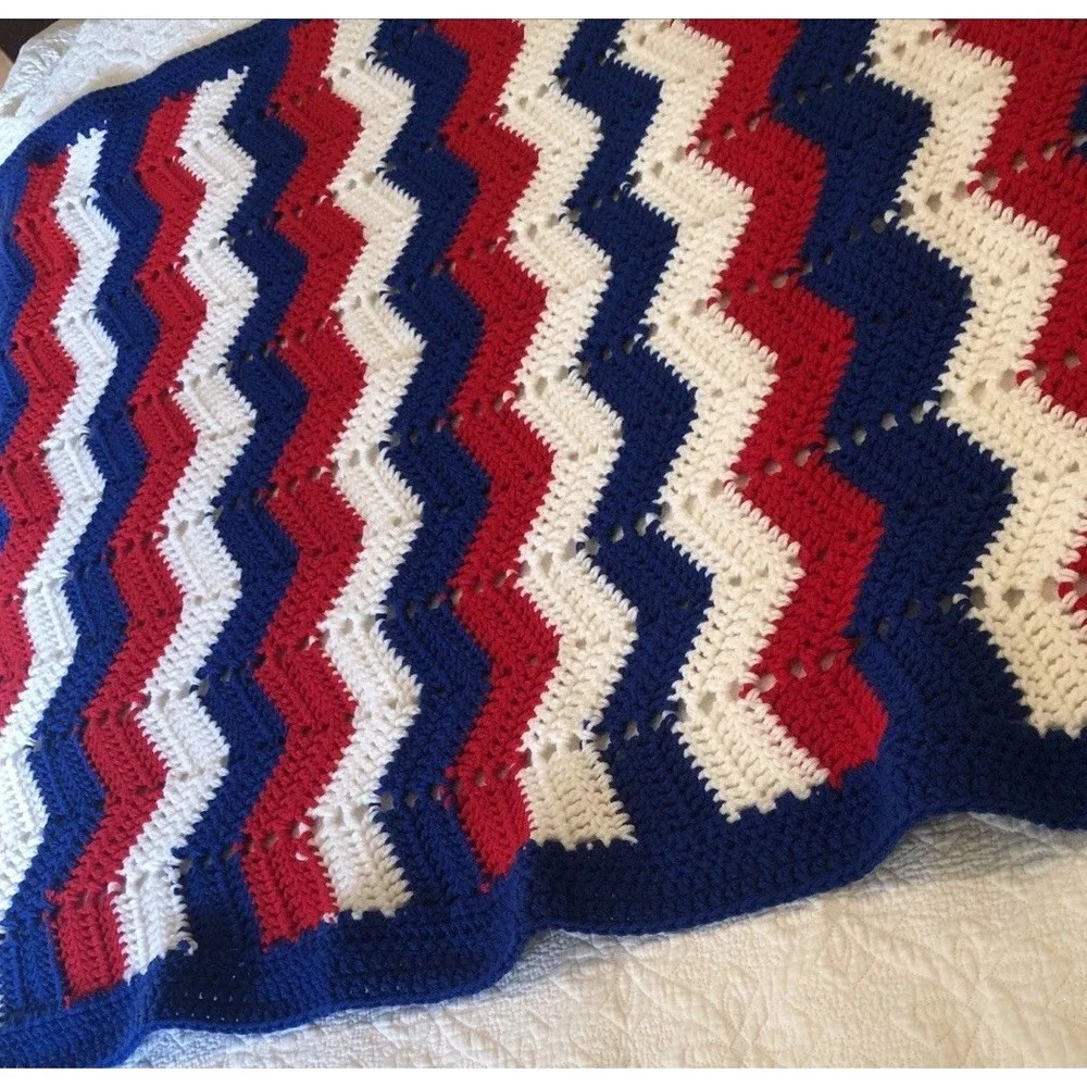 Granny Blanket Crochet Red White Blue Patriotic Americana Handmade Throw 32 X38